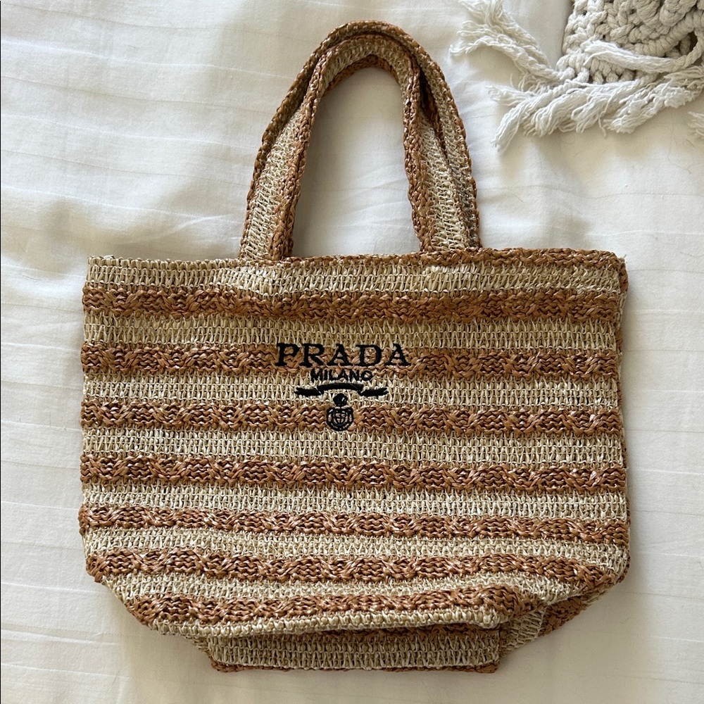 Prada Brown and Cream Striped Straw Tote